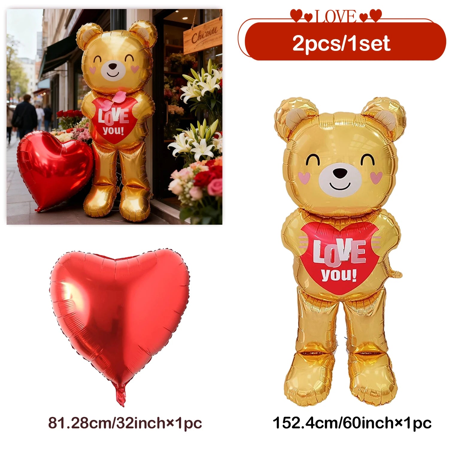 Embracing Love Bear Balloon with 32 inch Love Aluminum Film Balloon Valentine's Day, Anniversary, Wedding, Birthday Decoration