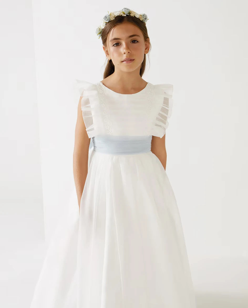 Girls Chiffon Flutter Sleeve Backless Flower Girl Dresses White First Communion Dress Blue Belt Bow
