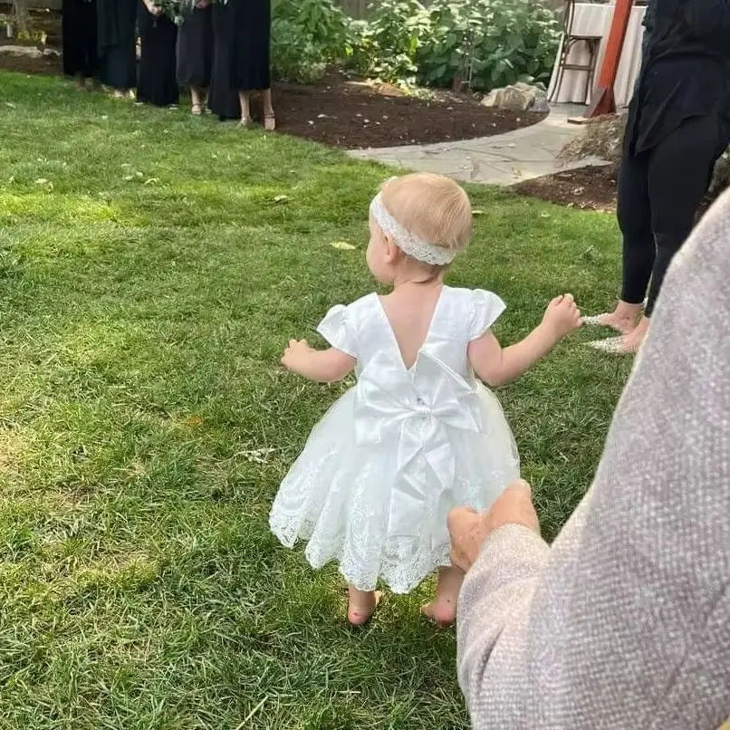 Infant Baby Embroidery Gown Elegant Girl Dress Satin Big Bow Tulle Dress V Back Prom Wedding Birthday Party Formal Baptism Dress