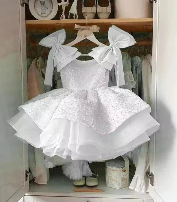 Party Dress 2025 Children Lovely Kids Birthday First Communion Ball Gowns Pink Flower Girl for Wedding Sequins Beading with Bow