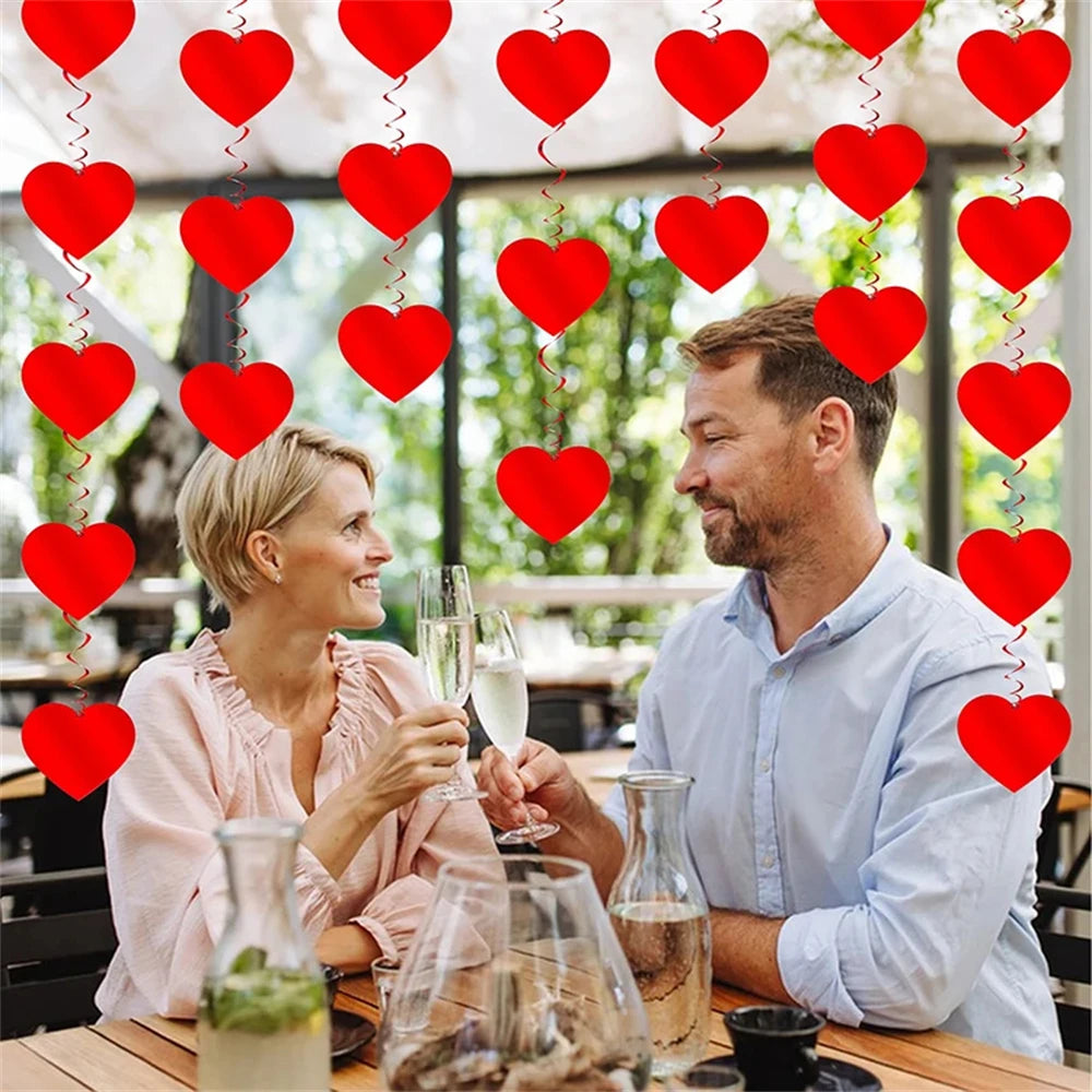 6PCS/1SET Love Heart Pendant Banner Red Valentine Day Wedding Flag Hanger Flower Spiral Garland Home Party Favors Supp