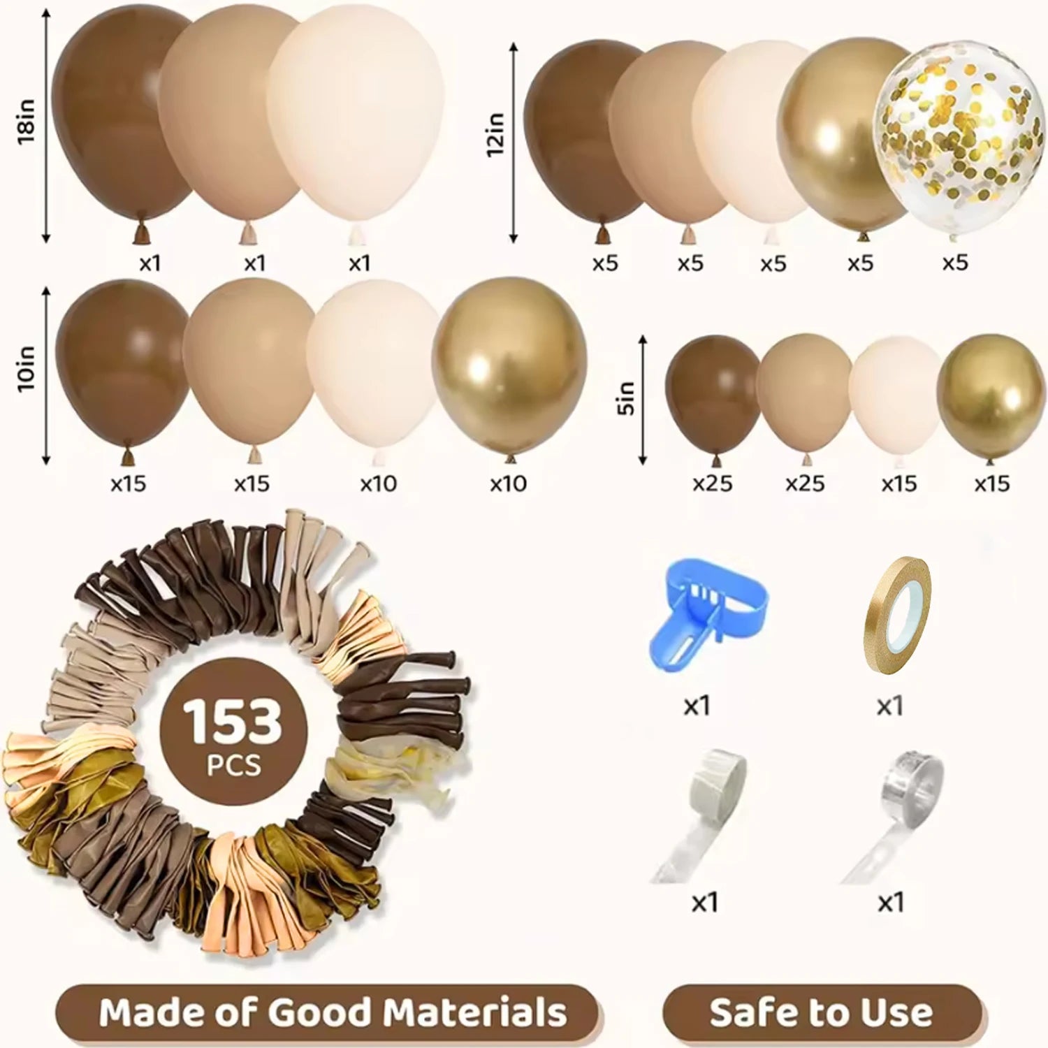153 Pieces Brown Balloon Garland Arch Set, Different Sizes 18 12 10 5inch Brown Nude Latex Metal Confetti Gold Balloon Suitable