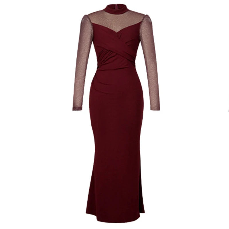 Elegant Prom Dress Women Fashion Sexy Sheer Mesh Spliced Bodycon Fishtail Robe Female Evening Party Vestidos Christmas