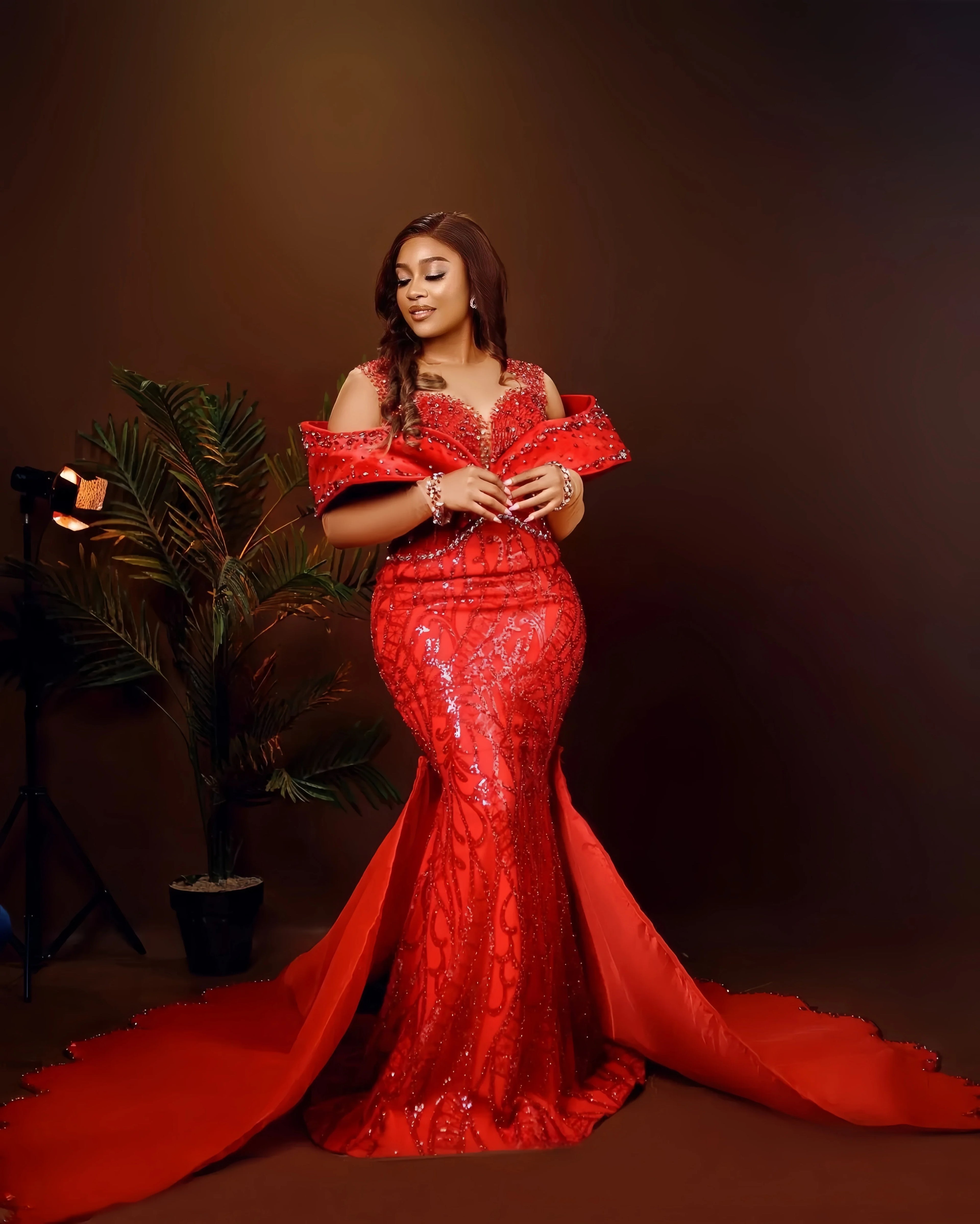 Customized Prom Dress With Detachable Train Red Mermaid Plus Size Evening Dresses For Women Sheer Neck Beaded Lace Formal Dress