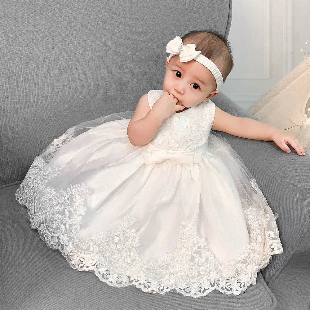Baby Lace Dresses with Headband Formal Wedding Party Christening Dresses Toddler Girl Clothes Flower Girl Clothes