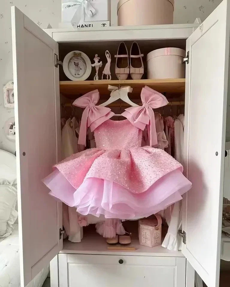 Party Dress 2025 Children Lovely Kids Birthday First Communion Ball Gowns Pink Flower Girl for Wedding Sequins Beading with Bow