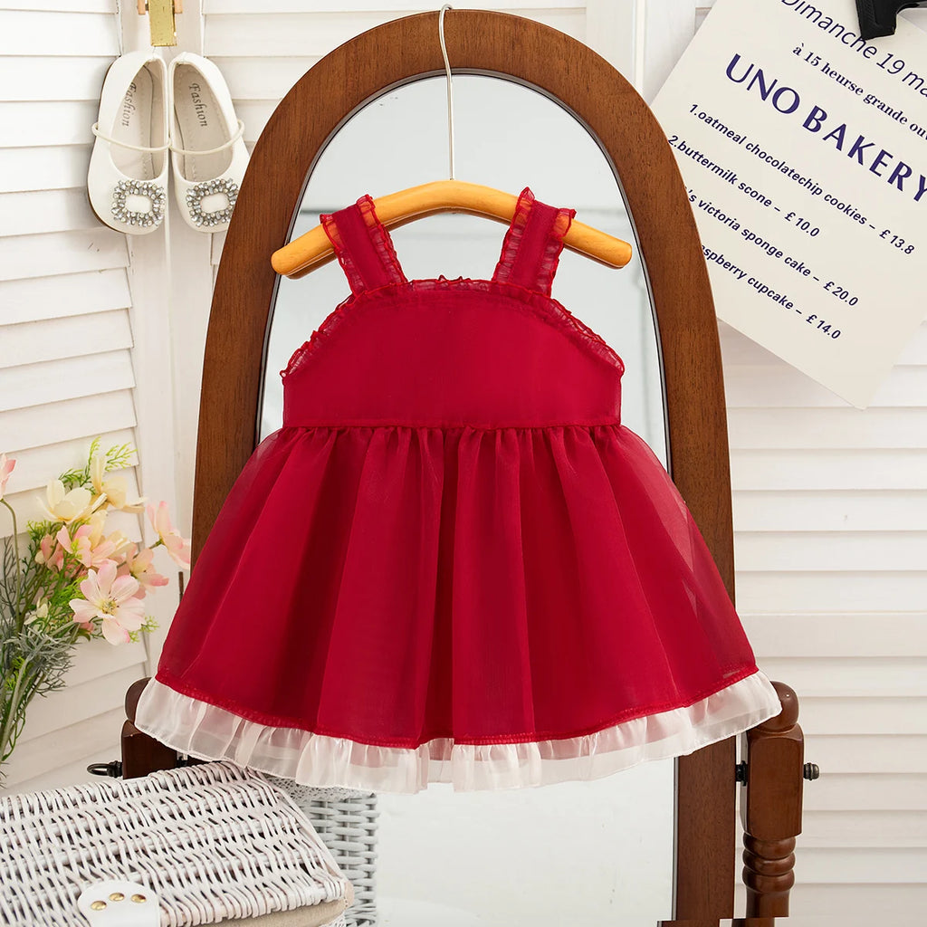 Newborn Girl Dress Lace Bow Children Summer Red Evening Party Princess Dress Baby Girl Birthday Gift