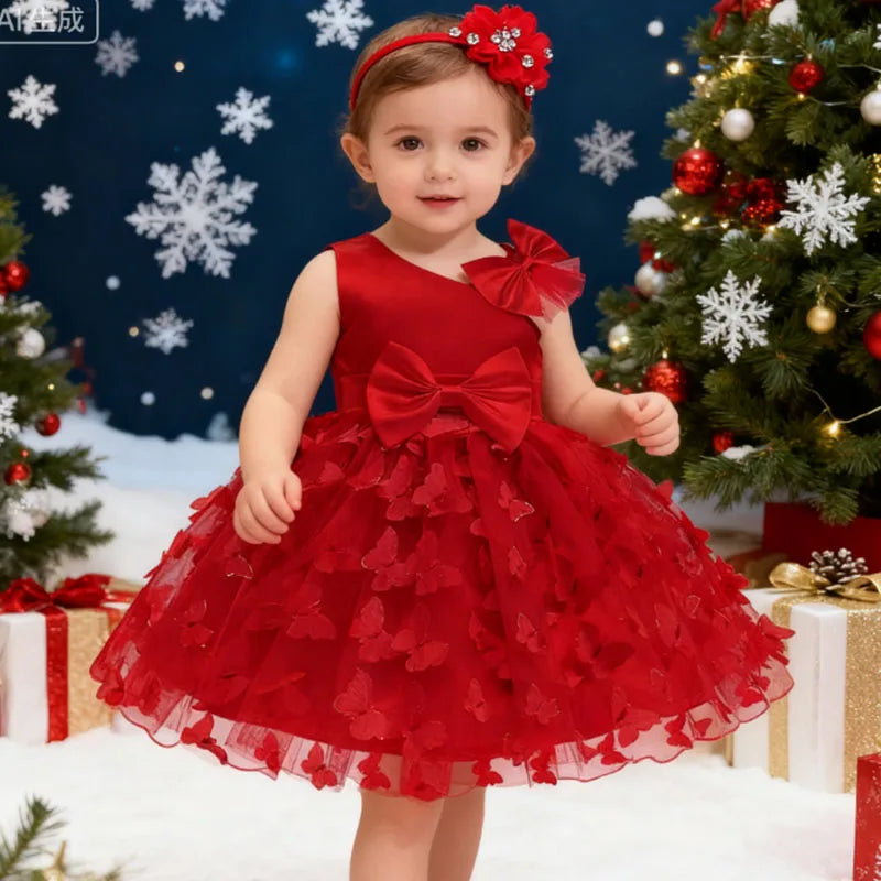 White Wedding Baby Girl Dress Bowknot Butterfly Tutu Dress Infant Toddler Flower Girls Baptism Birthday Dresses With Headband