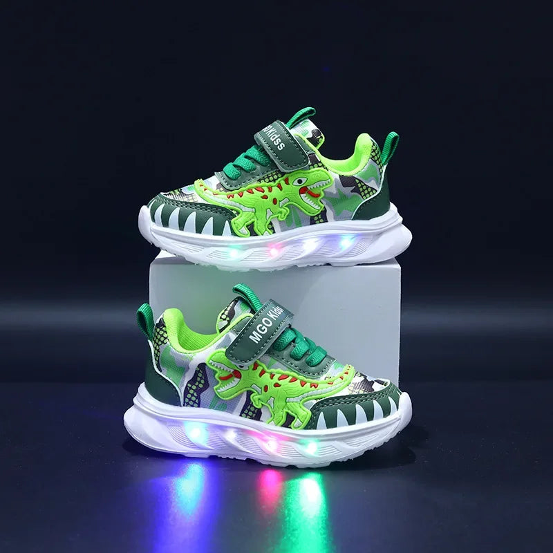 Spring New Children's Sports Shoes Cartoon Dinosaur Children's LED Light Shoes Soft Sole Boys' Causal Sneakers 2-6 Years Old