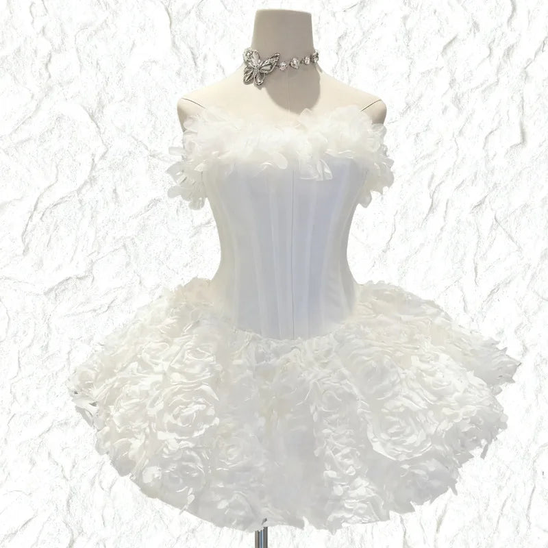 Pink Evening Dress 2 Pcs Skirt Set Sexy Corset Top Bra+Short Pants Party Robe 3D Flower Lace Up Back Formal Prom Wedding Gown