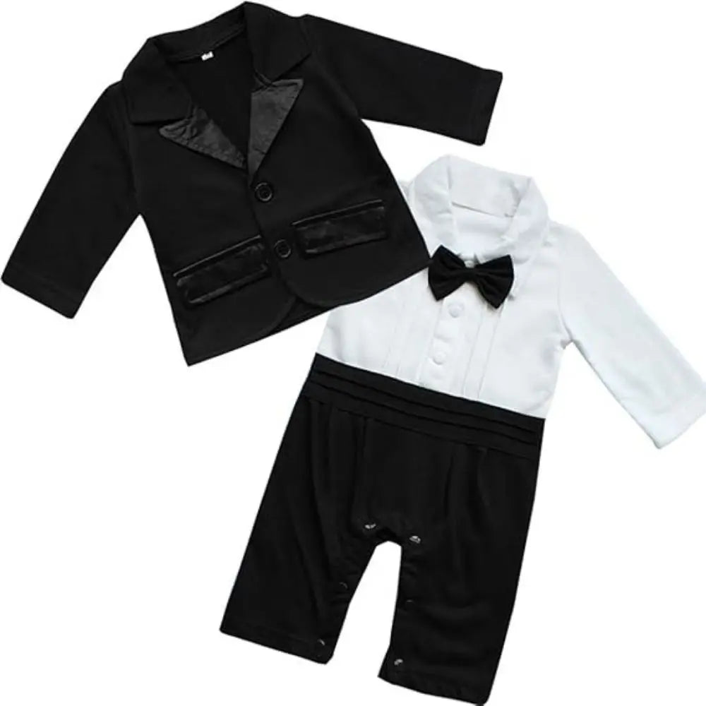 2Pcs/Set Black Tuxedo Gentleman Boss Baby Clothes Two-Piece Outfit Bow Tie Toddler Romper Bodysuit Romper Bodysuit Outerwear Set
