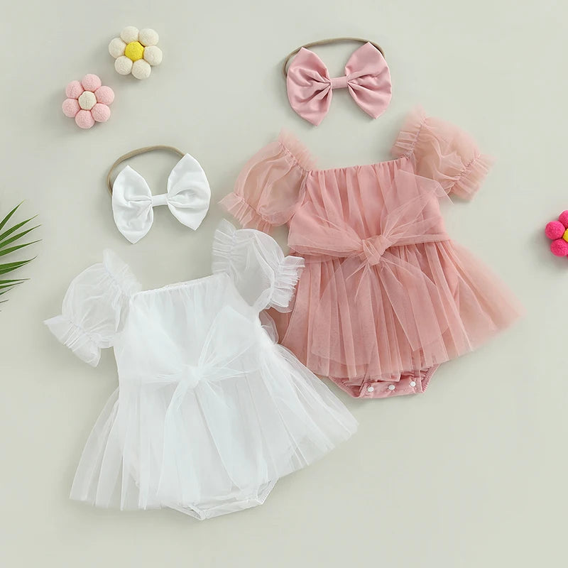 ma&baby 0-24M Princess Baby Girl Romper Newborn Infant Toddler Tulle Jumpsuit +Headband Princess Birthday Puff Sleeve Outfits