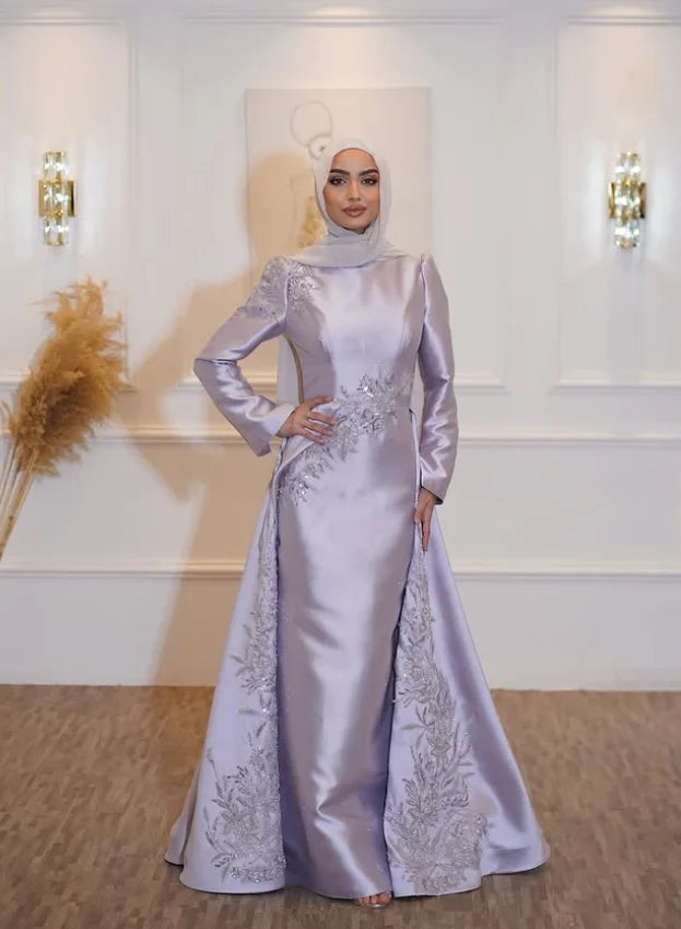 Lilac Lavender Muslim Caftan Prom Formal Dresses Gillter Applique Long Sleeve Long Sleeve Henna Hijab Evening Gown Customized