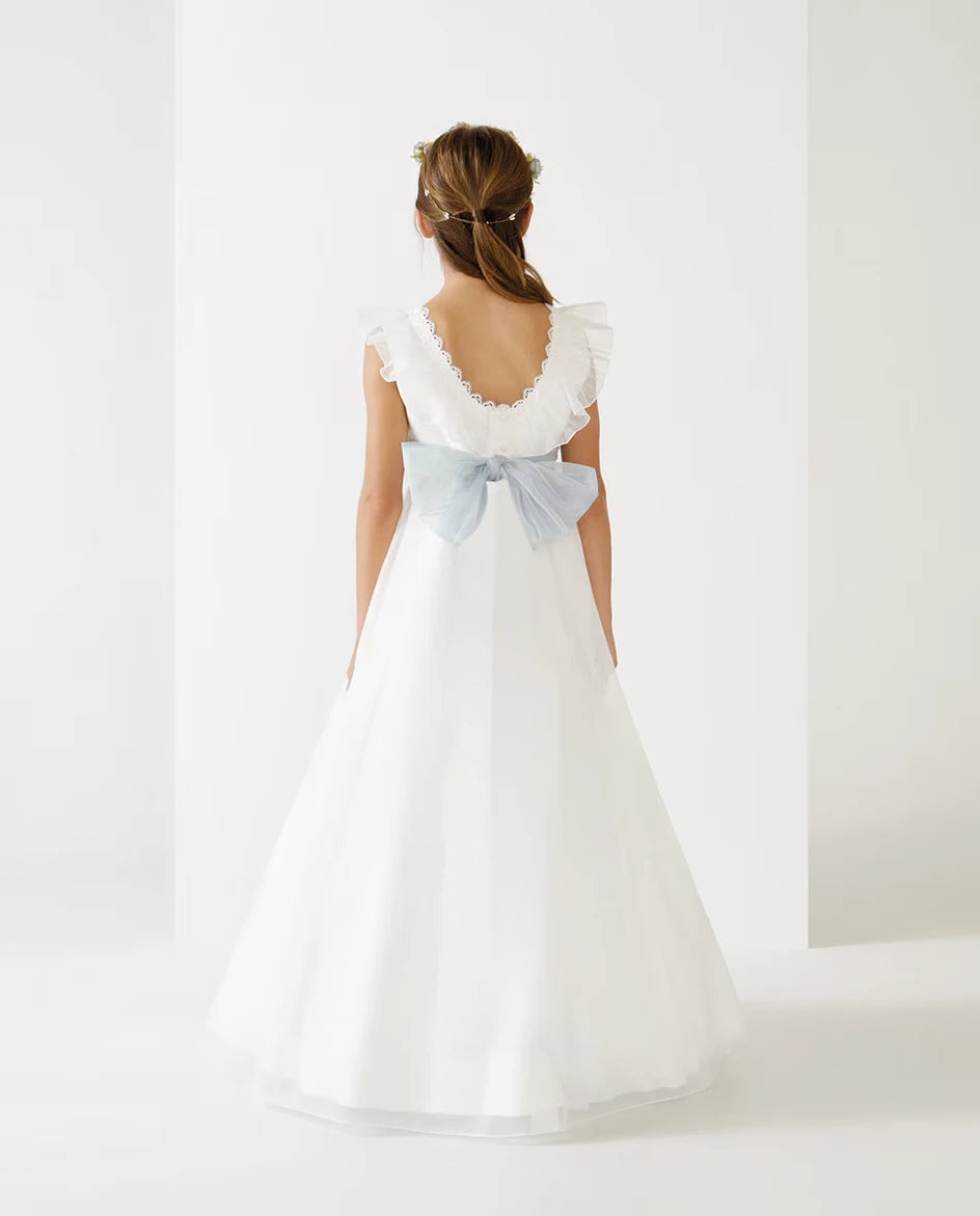 Girls Chiffon Flutter Sleeve Backless Flower Girl Dresses White First Communion Dress Blue Belt Bow
