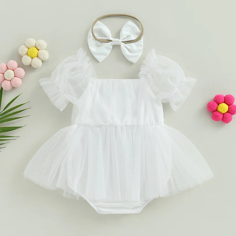ma&baby 0-24M Princess Baby Girl Romper Newborn Infant Toddler Tulle Jumpsuit +Headband Princess Birthday Puff Sleeve Outfits