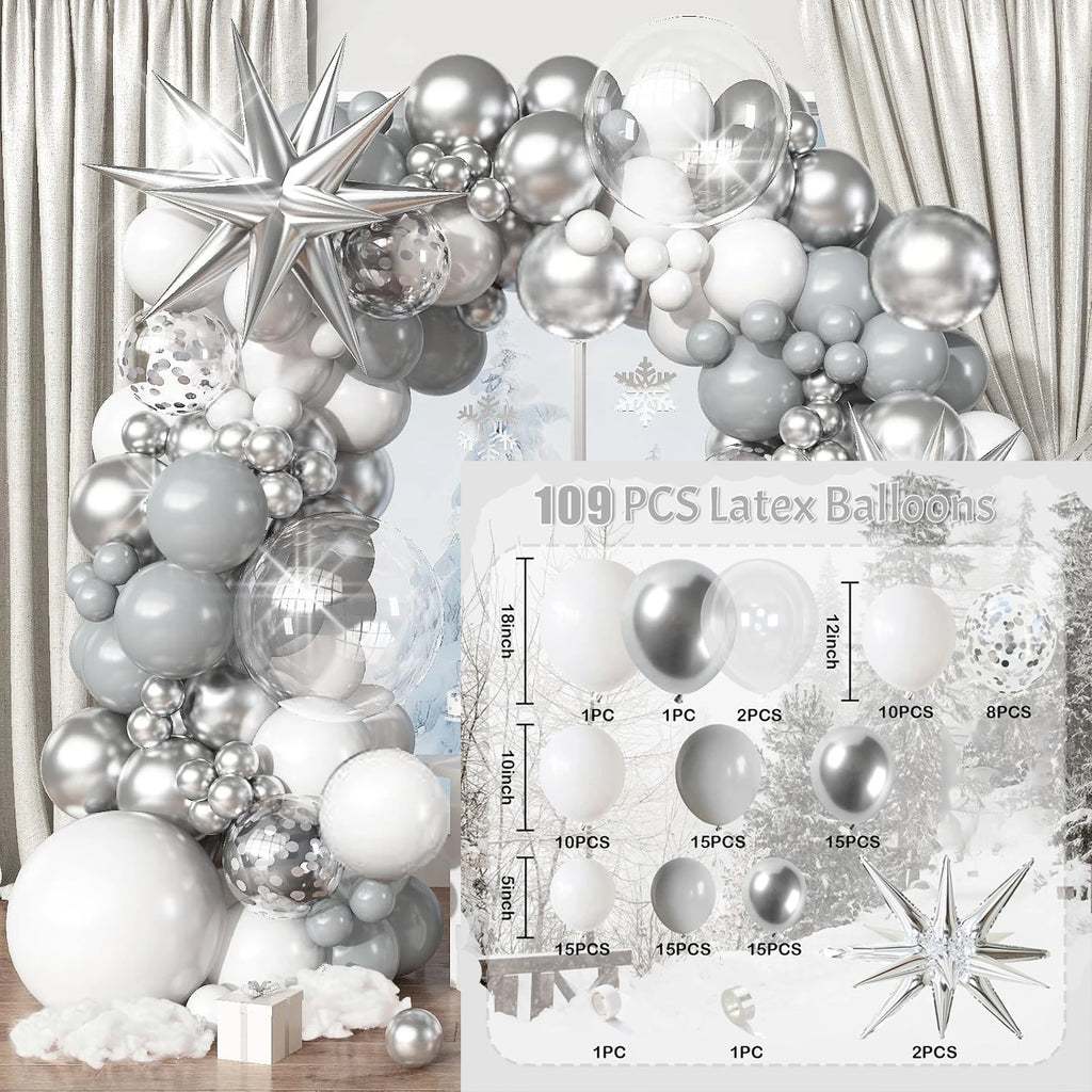 100 gray, silver, and white balloon sets with silver exploding star arches suitable for birthday, Christmas, New Year decoration