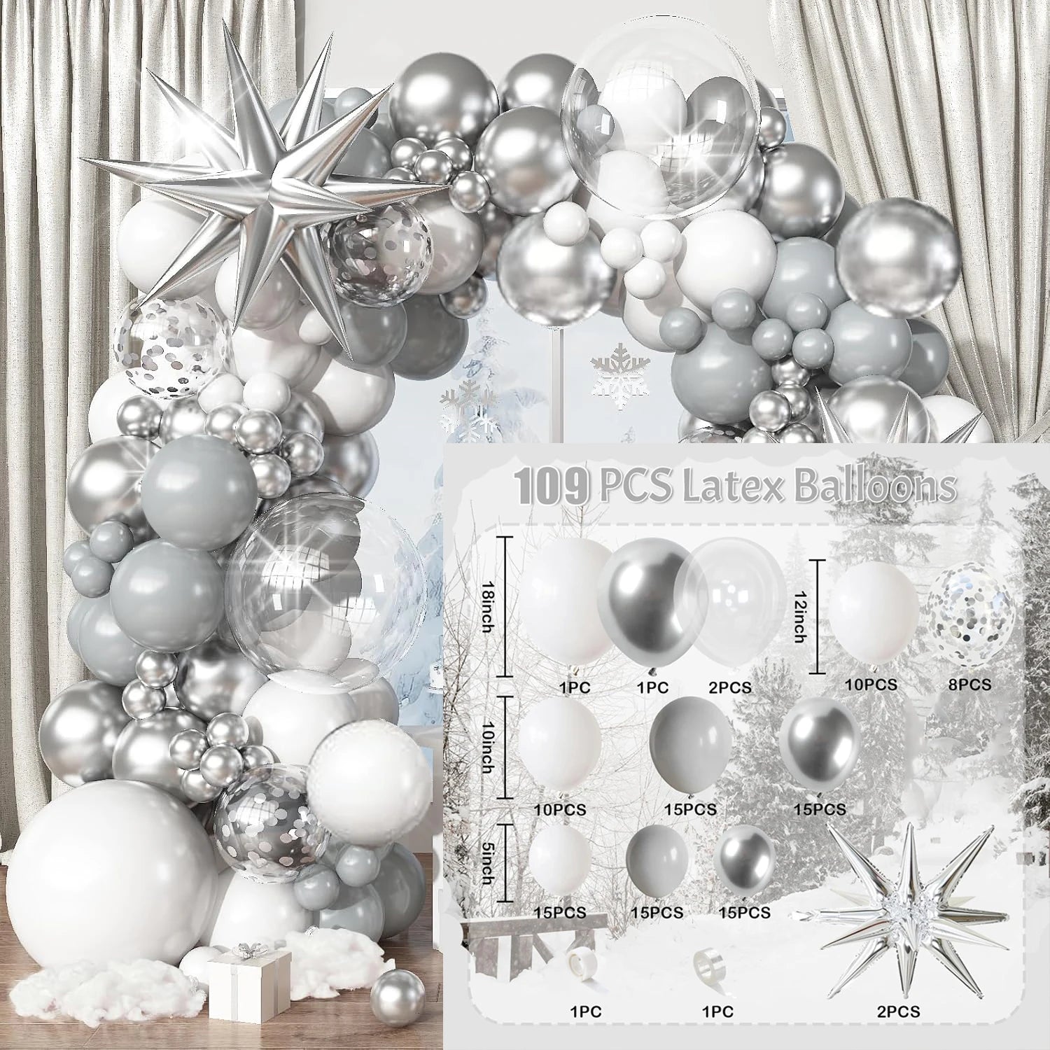 100 gray, silver, and white balloon sets with silver exploding star arches suitable for birthday, Christmas, New Year decoration