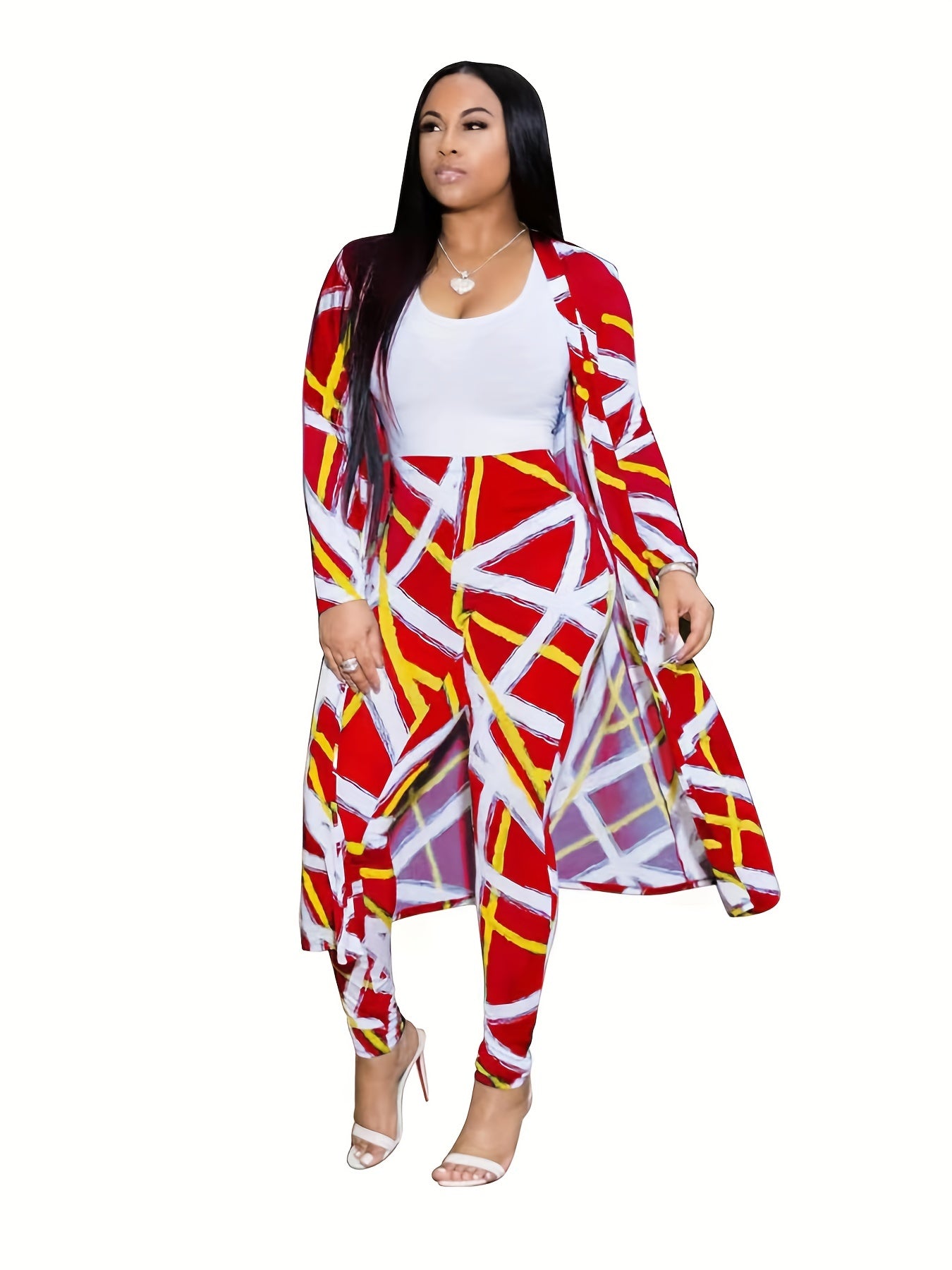 Casual Graphic Print Two-piece Set, Open Front Coat & Skinny Pants Outfits, Women's Clothing