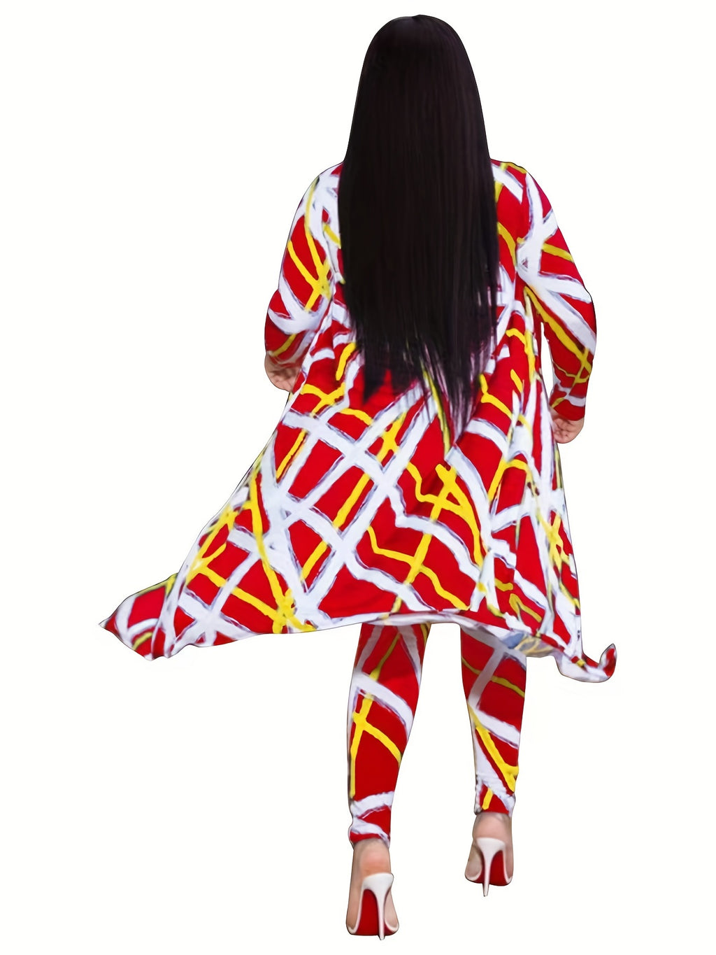 Casual Graphic Print Two-piece Set, Open Front Coat & Skinny Pants Outfits, Women's Clothing