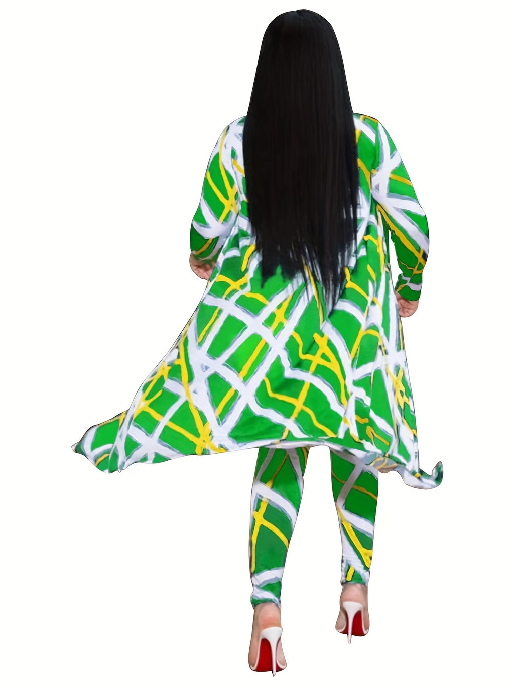 Casual Graphic Print Two-piece Set, Open Front Coat & Skinny Pants Outfits, Women's Clothing