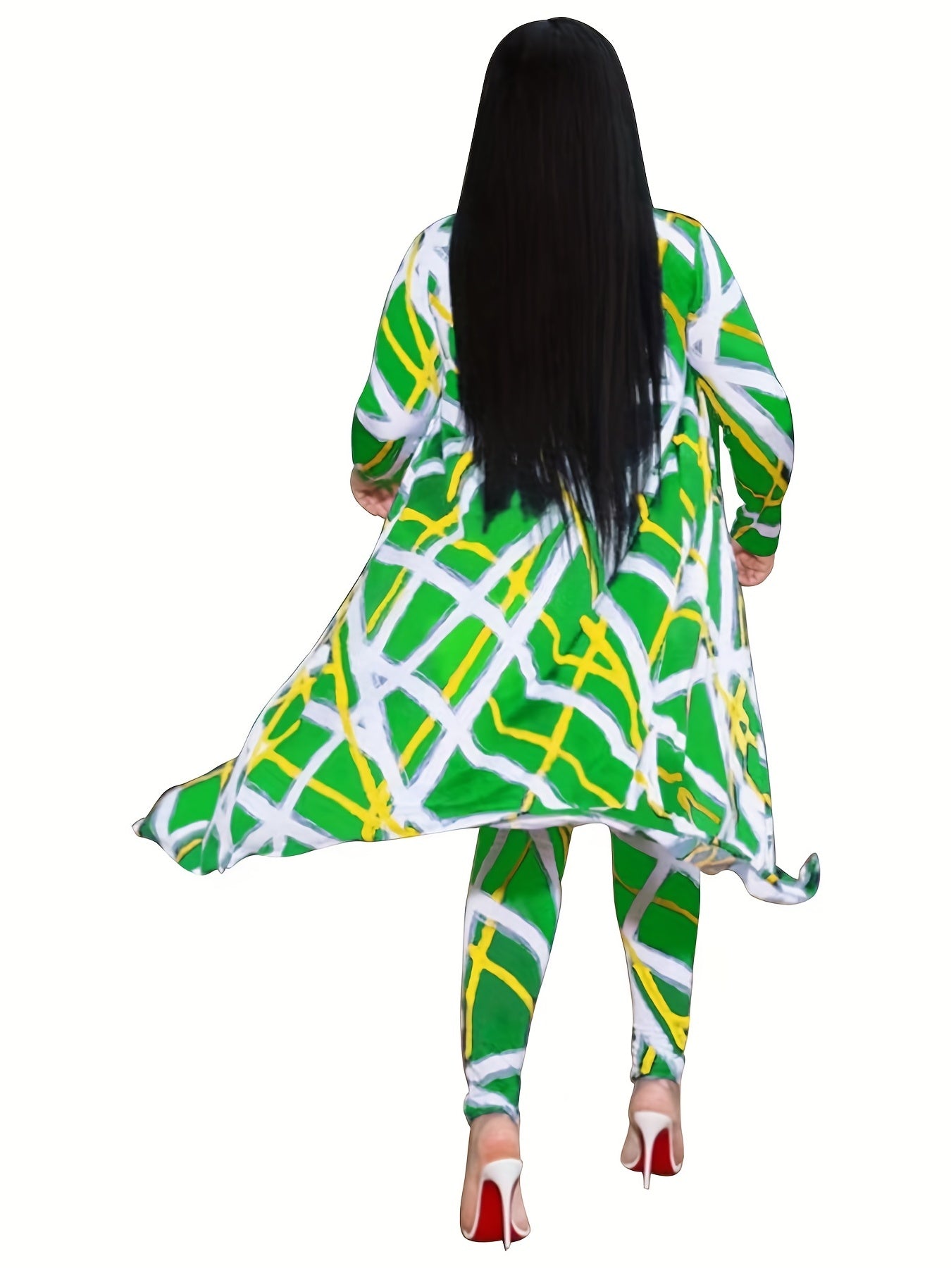 Casual Graphic Print Two-piece Set, Open Front Coat & Skinny Pants Outfits, Women's Clothing