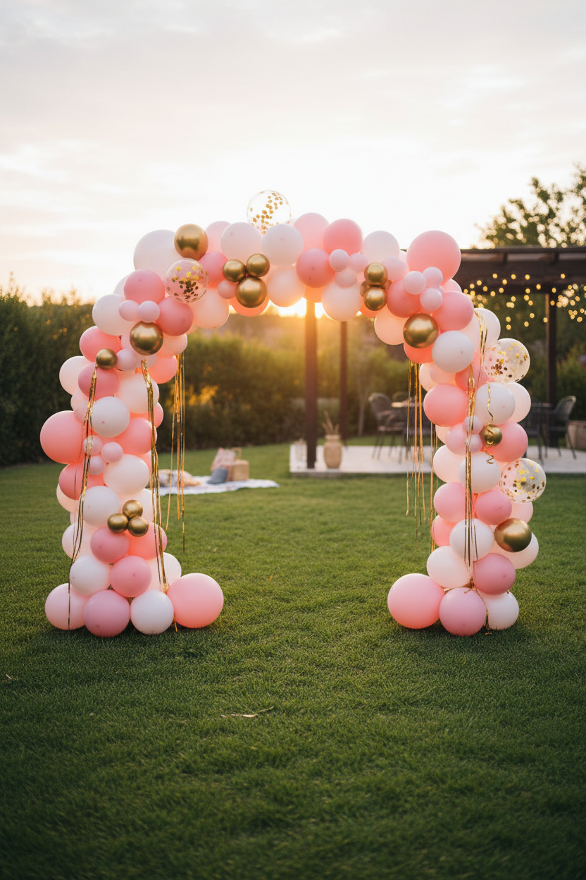 Arche ballons rose blanc or