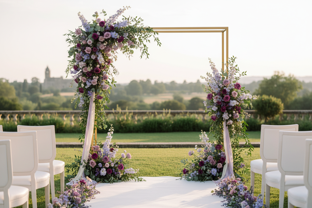 Arrangements floraux mauve sur arc