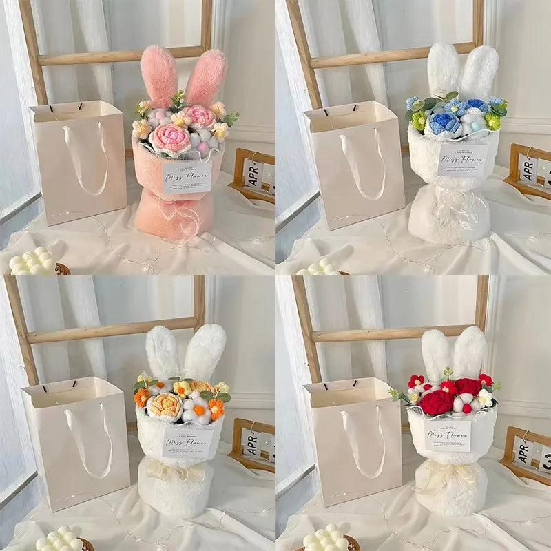 Cotton Rope Artificial Roses Bouquet Handmade Rabbit Ear Knitted Plush Flower Bundle Valentine Mothers' Day Birthday Gifts 1PC