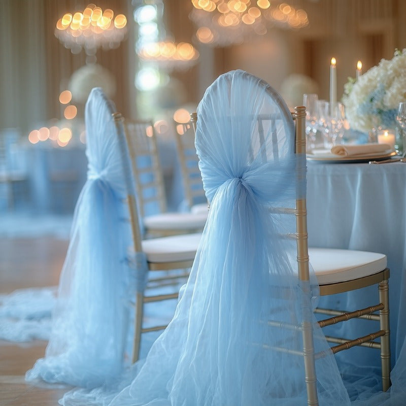 10pcs Light Blue Tulle Chair Sashes - Mesh Chair Back Decorations for Weddings, Banquets & Parties