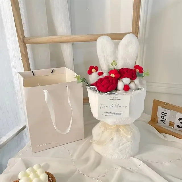 Cotton Rope Artificial Roses Bouquet Handmade Rabbit Ear Knitted Plush Flower Bundle Valentine Mothers' Day Birthday Gifts 1PC