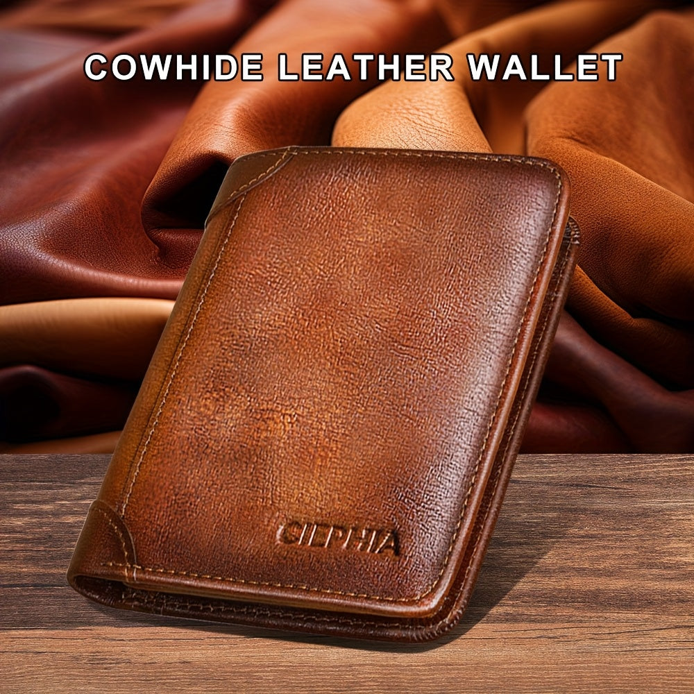 Genuine Leather Men's Wallet with Blessing Card Set, RFID Blocking, Ultra-Thin, Top-Grain Cowhide, Compact Multi-Function ID and Credit Card Holder, Christmas Valentine's Day Father's Day Gift