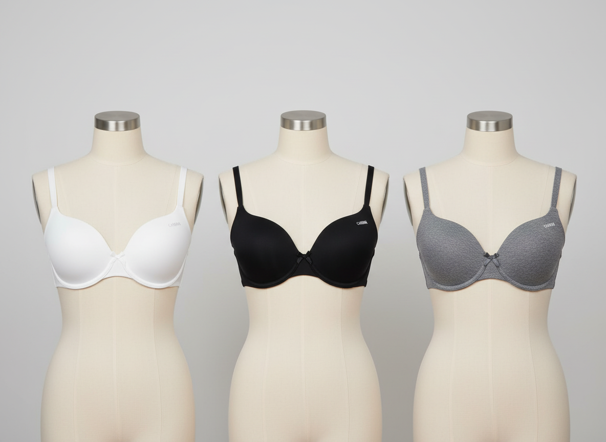 Carisma bras - white, black, grey on mannequins