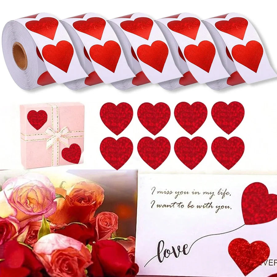 1-5Rolls Red Pink Heart Stickers(500pcs/Roll)for Valentines Day Wedding Gift Packing Bag Packaging Labels Love DIY Stickers