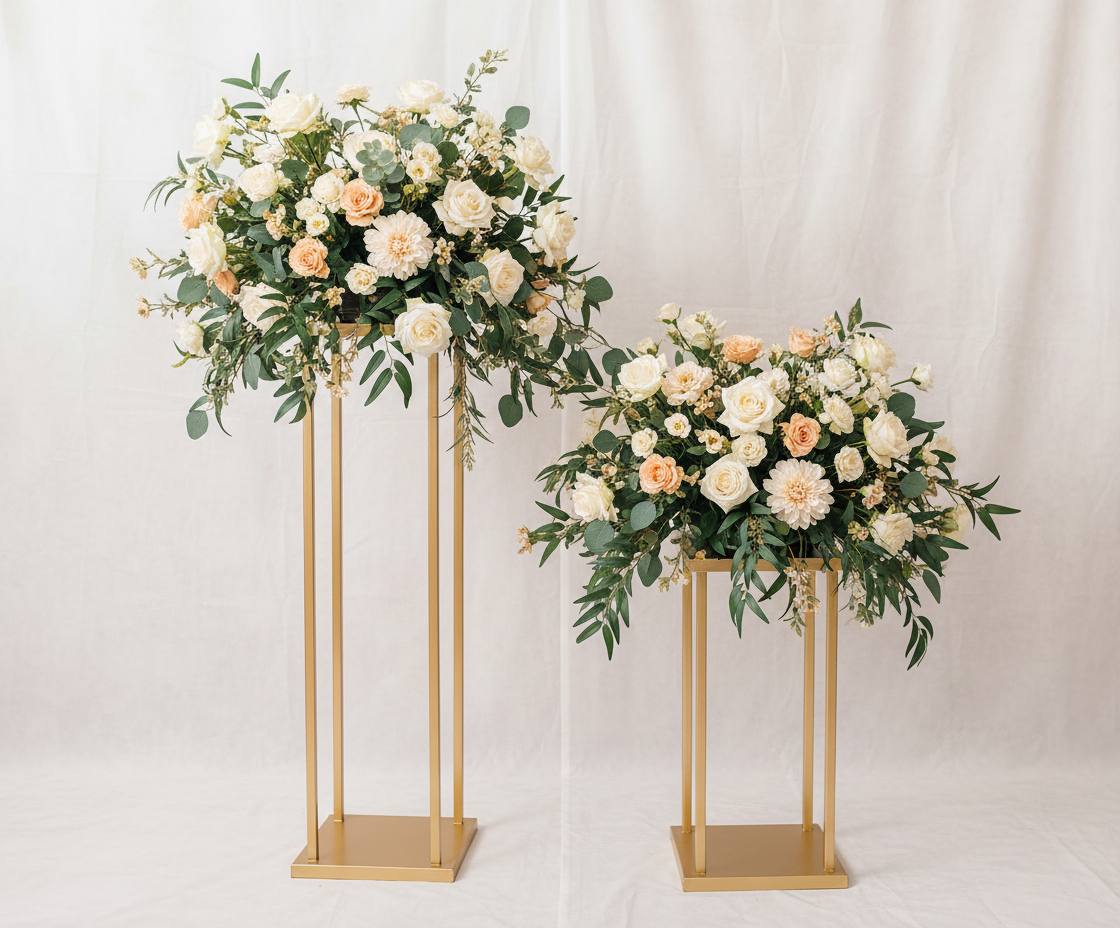 Cylindres Dorés 80/60cm avec Arrangements Floraux