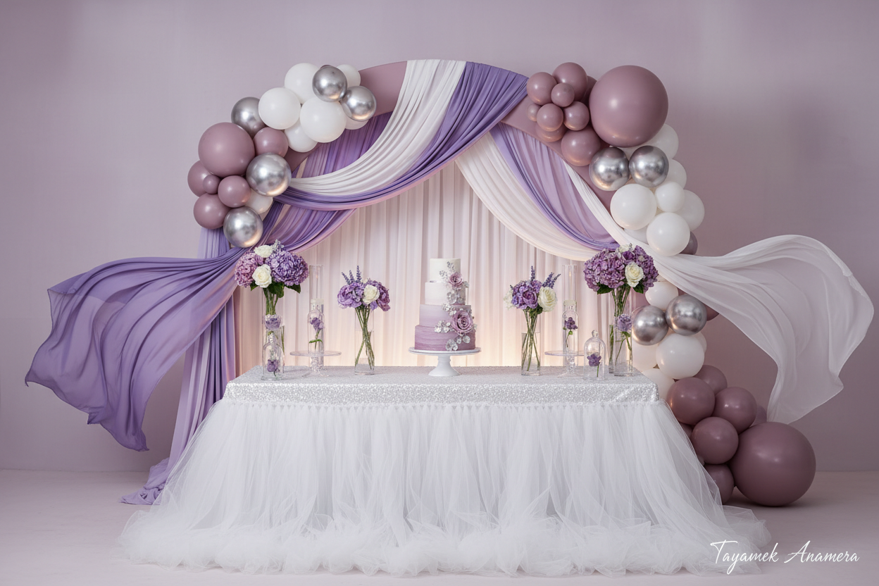 Décor événementiel mauve et blanc Tayamek Anamera