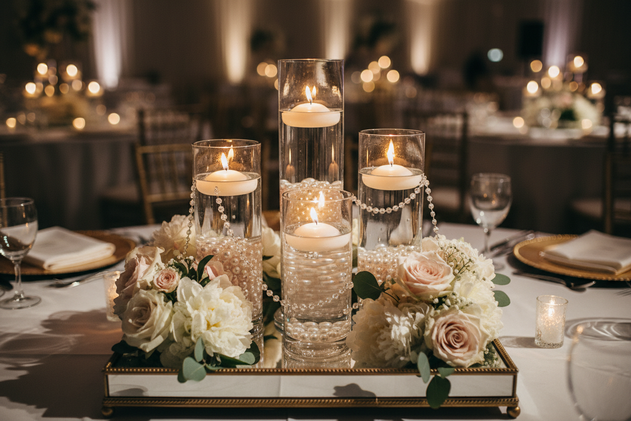 Décoration de table avec perles et bougies