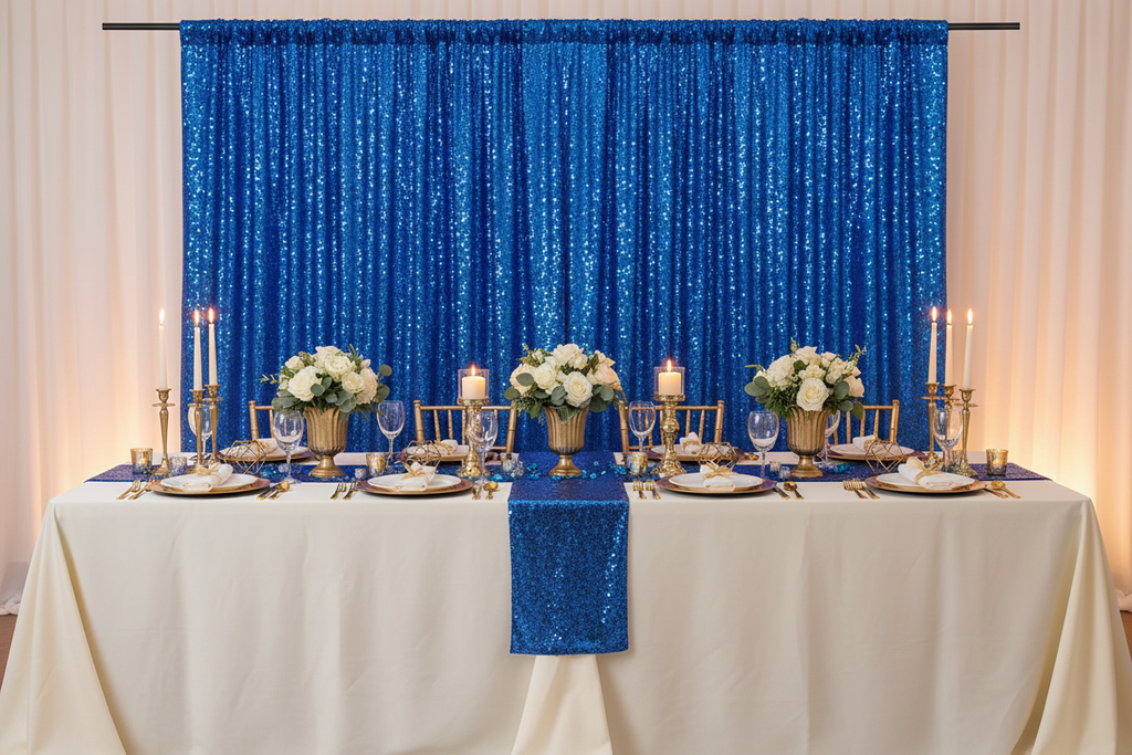 Décoration événementielle rideaux bleus et or