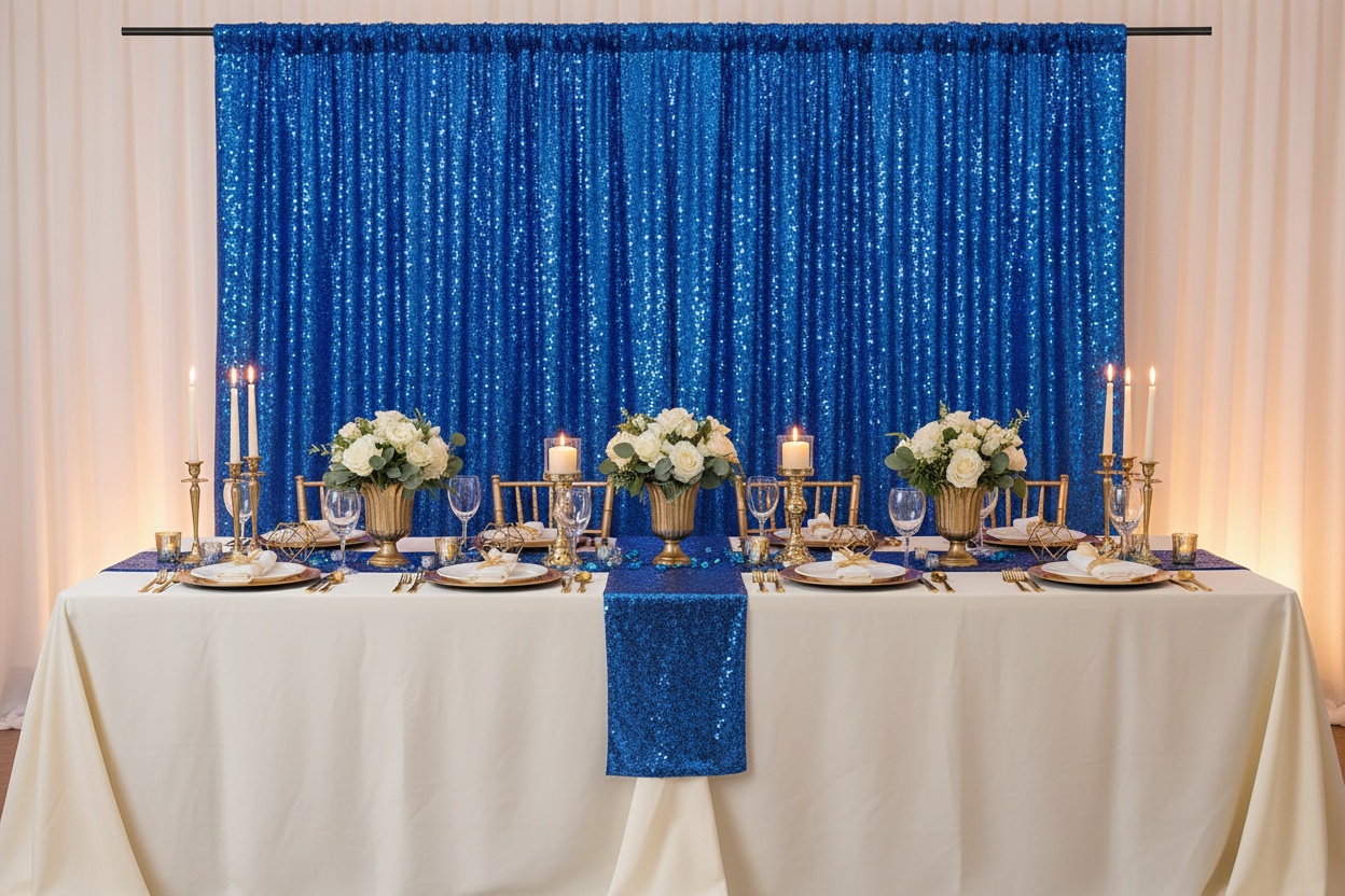 Décoration événementielle rideaux bleus et or