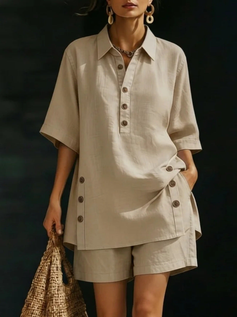 Womens Short-Sleeve Shirt And Loose Pants Two-Piece Set
