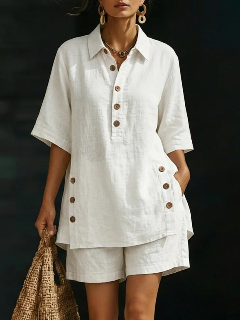 Womens Short-Sleeve Shirt And Loose Pants Two-Piece Set