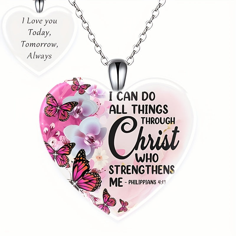 Pink Love Heart Crystal Pendant Necklace Exquisite Butterfly Pattern, Christmas Valentine's Day Banquet Jewelry Holiday Party Gift