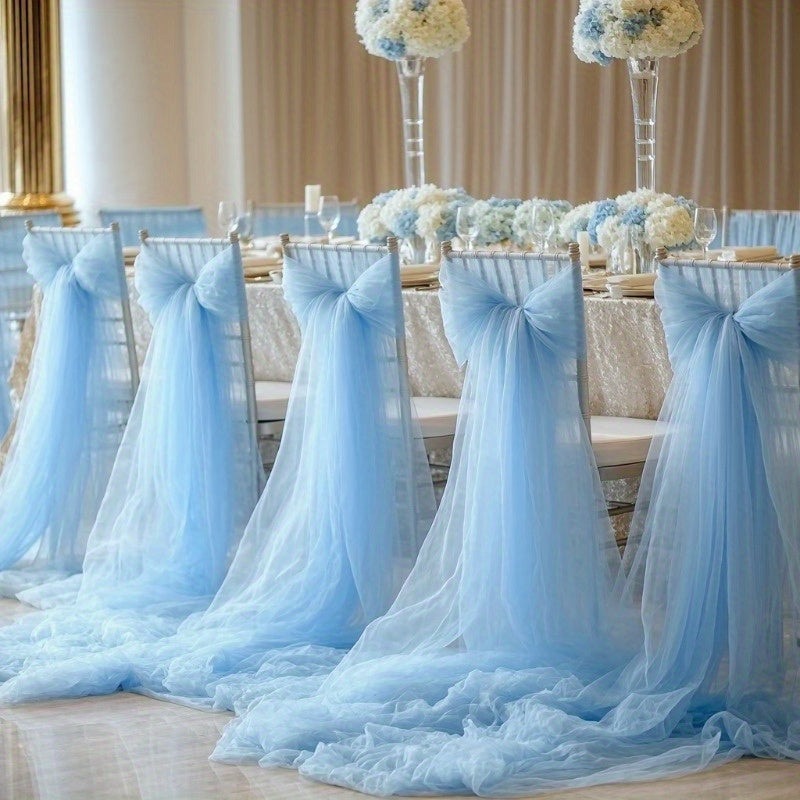 10pcs Light Blue Tulle Chair Sashes - Mesh Chair Back Decorations for Weddings, Banquets & Parties