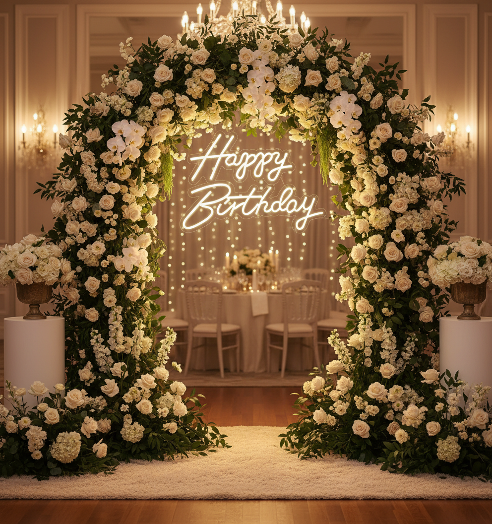 Enseigne néon Happy Birthday sur arc