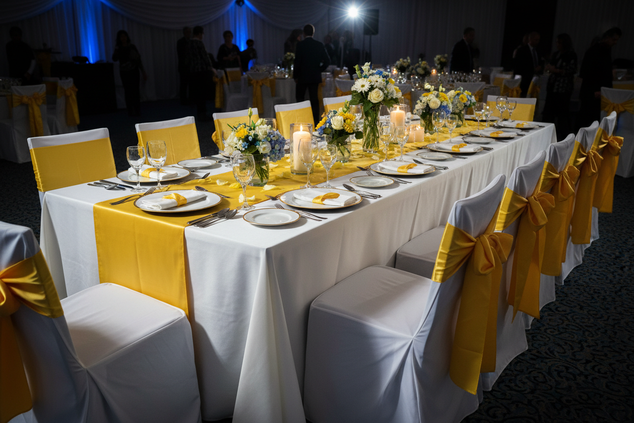 Event decoration with blue chairs, white covers, yellow ribbons and runner