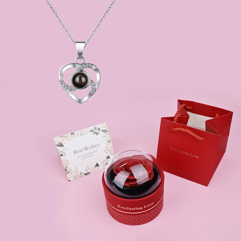 Custom Color Photo Projection Heart Necklace With Luxury Rose Box 2025 Girlfriend Mom Valentine Day Romantic Gifts