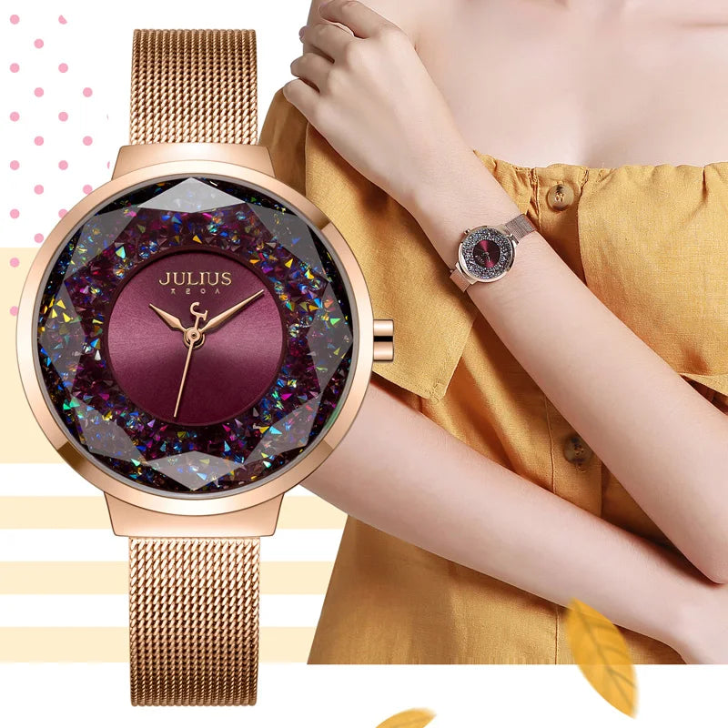 New Crystal Julius Lady Women's Watch MIYOTA Fashion Hours Stainless Steel Bracelet Clock Girl's Birthday Valentine Gift Box