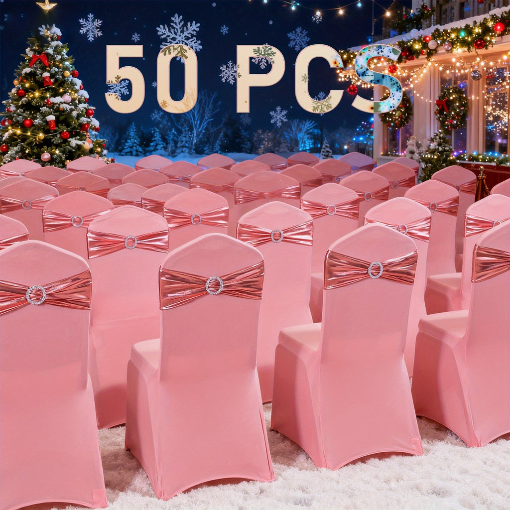 50pcs Spandex Chair Sashes with Bowknot - Elastic Chair Bands with Sliders & Buckles for Wedding, Party, Banquet Decoration