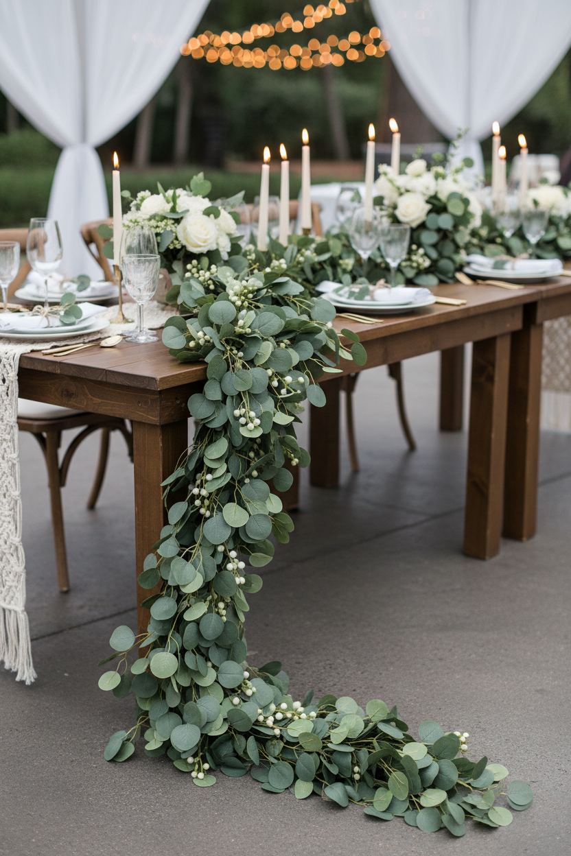 Guirlande eucalyptus avec boules sur table et sol - Tayamek Anamera