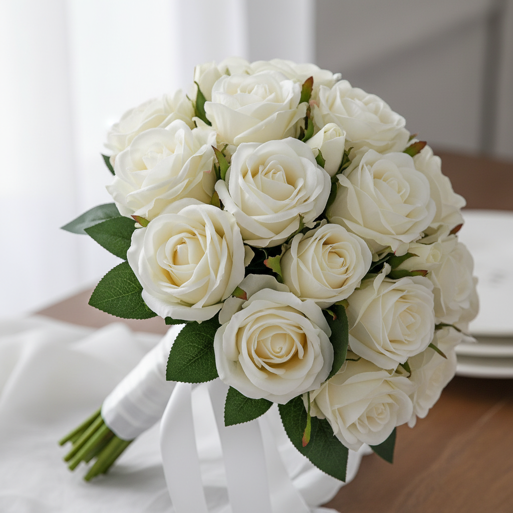 White artificial roses bouquet for wedding decoration and special events