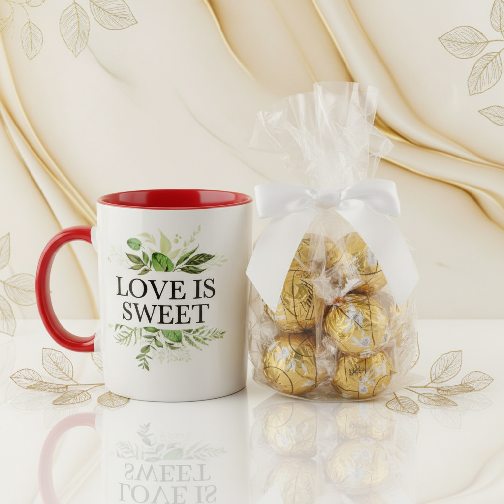 Love is Sweet mug and golden Lindor truffles - wedding gift